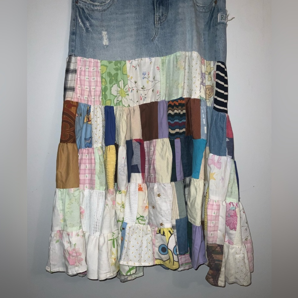 Upcycled Vintage AEO Bohemian Multicolored Patchwork Denim Skirt Sz 8 Regular - Picture 6 of 9